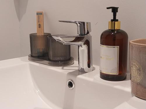 リヨンにあるAppartement Place des Terreaux Presqu'Ileのバスルーム(シンク、石鹸ディスペンサー、ボトル1本付)