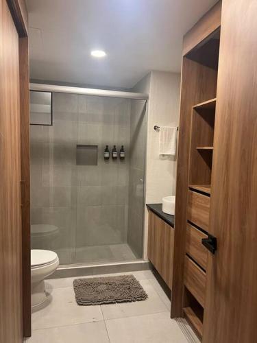 a bathroom with a shower and a toilet at Departamento centrico in Guadalajara