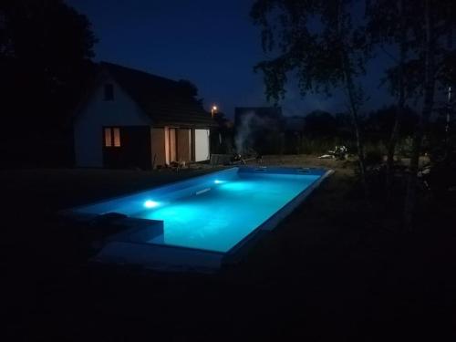 a swimming pool in a yard at night at Cottage in Słup in Słup