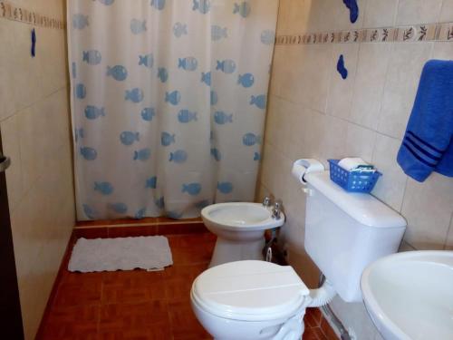 uma casa de banho com um WC e um lavatório em Vicos em Esquel