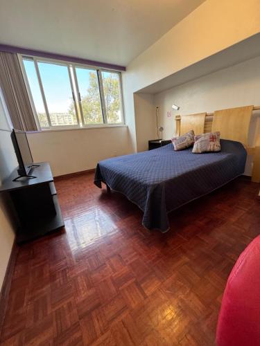 ein Schlafzimmer mit einem Bett und einem großen Fenster in der Unterkunft Habitación amplia e indep c/ jacuzzi, céntrica. in Mexiko-Stadt