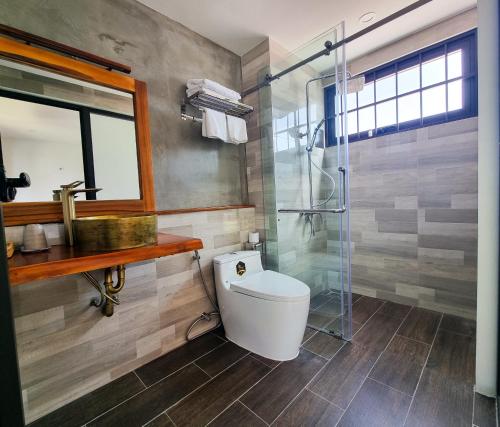 美奈的住宿－Tuong Vy Boutique Hotel Mui Ne，一间带卫生间和玻璃淋浴间的浴室