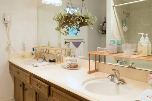 un bagno con due lavandini e un grande specchio di 2 room luxury suite near airport & The Woodlands a Houston
