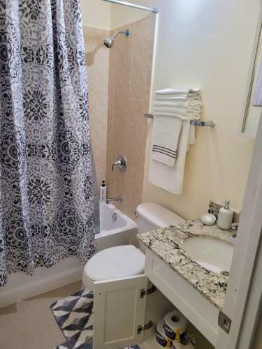 a bathroom with a sink and a toilet and a shower at The Surada Bay in Old Harbour