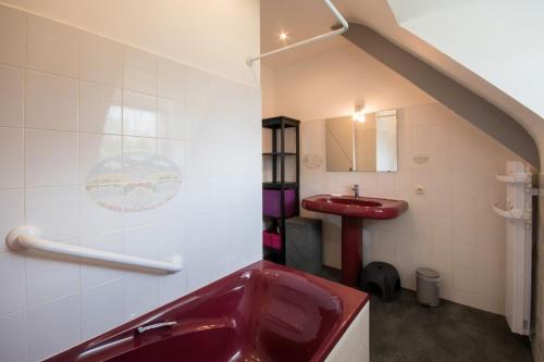 La salle de bains est pourvue d'un lavabo rouge et d'un miroir. dans l'établissement Le ruset, à Saint-Donan