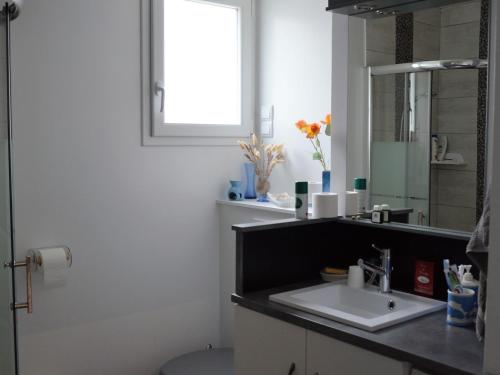 une salle de bain avec un lavabo et un miroir dans l'établissement Maison plain-pied à Saint-Hilaire-de-Riez, près de la mer, idéale pour 6 pers., jardin et terrasse - FR-1-323-470, à Saint-Hilaire-de-Riez