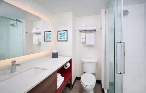 y baño con aseo, lavabo y ducha. en Holiday Inn Burlington Hotel & Conference Centre, an IHG Hotel, en Burlington
