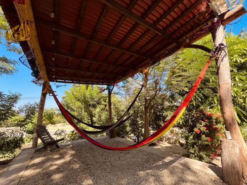 a hammock hanging from a pergola at Coco Viejo Posada in San Pedro Pochutla