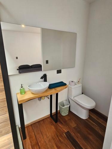 a bathroom with a sink and a toilet at Casa Alba in Cali