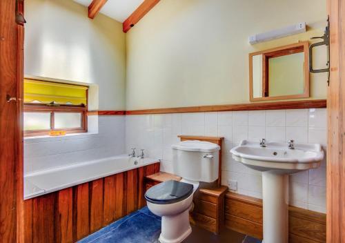 ein Badezimmer mit einem WC, einem Waschbecken und einer Badewanne in der Unterkunft The Lodge in Llanwnda