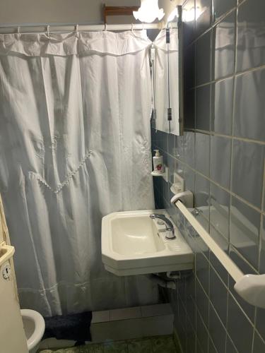 Un baño con lavabo y cortina de ducha. en Casa Rosa, en Alta Gracia