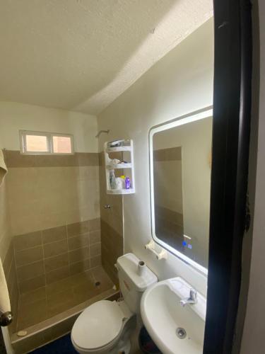 ein Badezimmer mit einem WC, einem Waschbecken und einem Spiegel in der Unterkunft Encantadora villa en una cdla privada in Candelaria