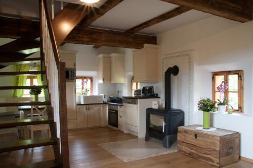a kitchen with a stove in a room at Landhaus Moser in Leutschach