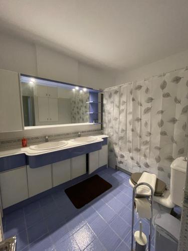 a bathroom with a sink and a mirror and a toilet at Ammo Glyfada Residences in Athens