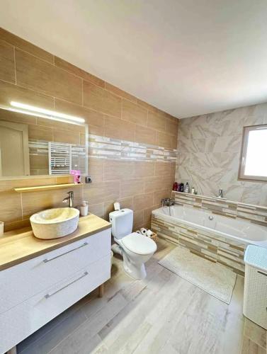 ein Badezimmer mit einem Waschbecken, einem WC und einer Badewanne in der Unterkunft Maison Climatisée in Saint-Hippolyte