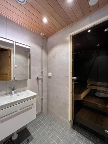 uma casa de banho com um lavatório e um chuveiro em Lapland Lodge Pyhä Ski in, sauna, free WiFi, national park - Lapland Villas em Pyhätunturi