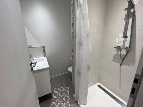 a white bathroom with a shower and a sink at Studio entre mer et montagne in Ocana