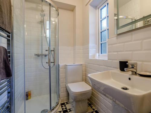 W łazience znajduje się toaleta, umywalka i prysznic. w obiekcie 3 Bed in Branscombe 78002 w mieście Branscombe
