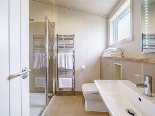 een badkamer met een toilet, een wastafel en een douche bij 2 Bed in Caldbeck 80563 in Caldbeck