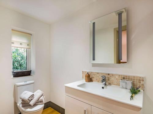 a bathroom with a sink and a toilet and a mirror at 2 Bed in Coddington 87683 in Coddington