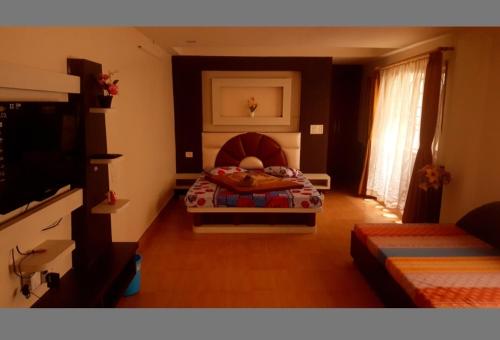 a bedroom with a bed and a television in a room at Hotel Mountain View in Kalimpong