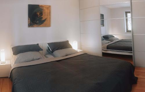 a bedroom with a large bed and a mirror at Nina´s Home in Gablitz