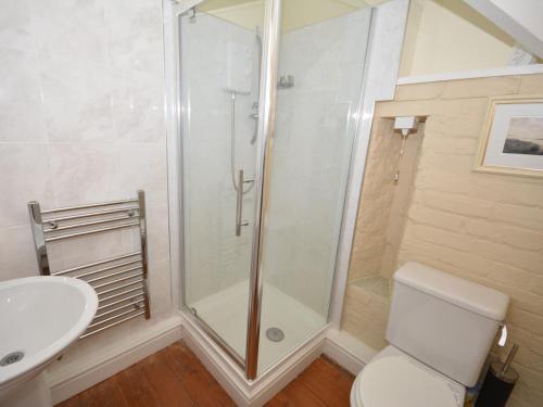 a bathroom with a shower and a toilet and a sink at 1 Bed in Dawlish Warren WARRE in Cockwood