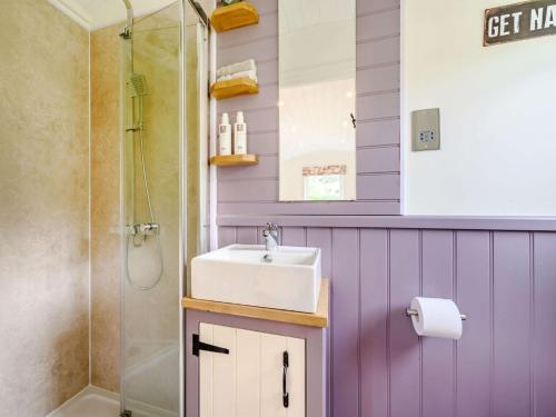 a bathroom with purple walls and a sink and a shower at 1 Bed in Patterdale 89510 in Deepdale