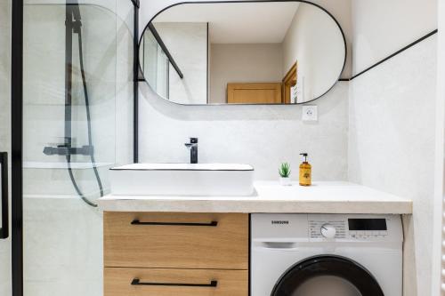 une salle de bain avec un lavabo et une machine à laver dans l'établissement Downtown Cannes Apartment with Garden, à Cannes