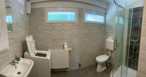 uma casa de banho com um lavatório, um WC e um chuveiro em F4 Mouintain View Corner House with Terasse and Garden em Kőszeg
