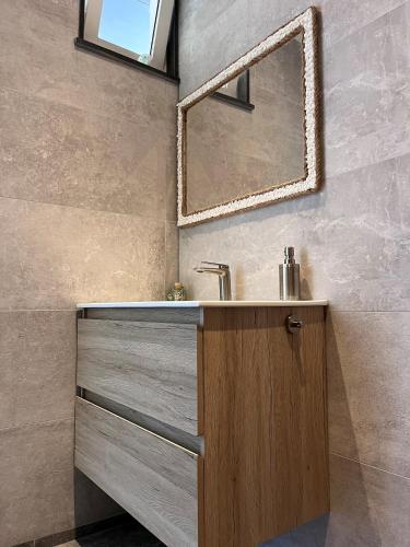 a bathroom with a sink and a mirror at Cosy Vacation home with large fenced garden in Bruinisse