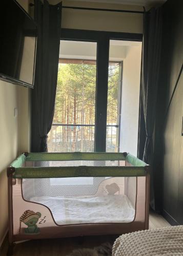 a bunk bed in a room with a window at Apartman Aspen Divcibare in Divčibare