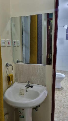 uma casa de banho com um lavatório branco e um espelho. em Elegant One Bedroom Garden Estate em Nairobi