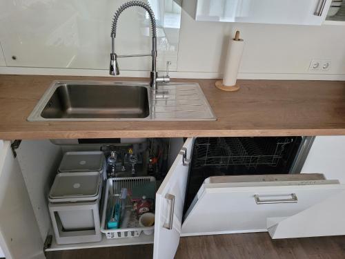 a kitchen counter with a sink and a sink at Wohnung unterm Burghalder - Direkt am Waldrand in Hauenstein