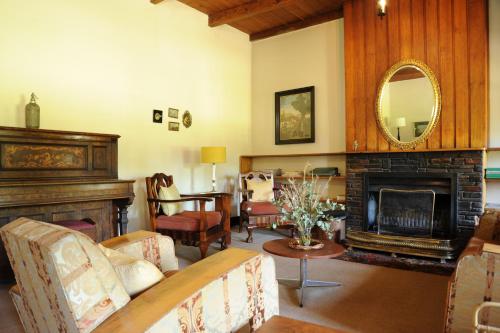 a living room with a fireplace and a mirror at Melton Wold Guest Farm in Meltonwold