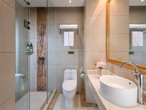 y baño con aseo, lavabo y ducha. en Vienna International Hotel Foshan Lecong Center, en Shunde