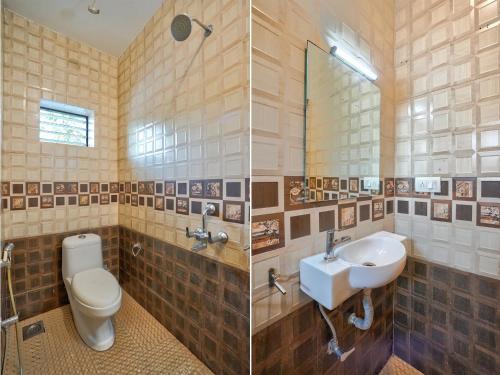 2 fotos de un baño con aseo y lavabo en 14 Door Home Stay en Calangute