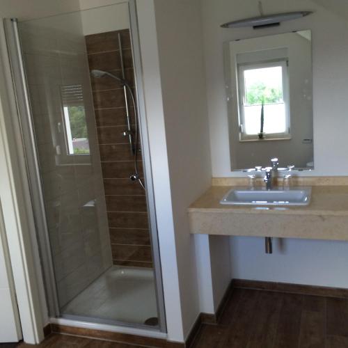 a bathroom with a shower and a sink at Landhaus Böhmer, Ferienhaus Schrammsteinblick in Kurort Gohrisch