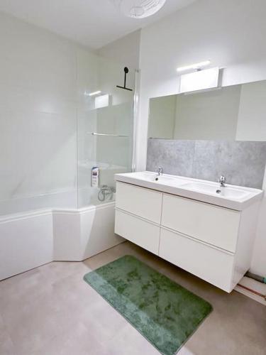 une salle de bain blanche avec un lavabo et un miroir dans l'établissement La Baugerie enchantée, à Saint-Sébastien-sur-Loire