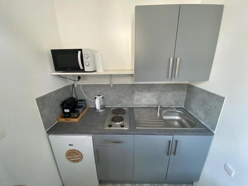 a small kitchen with a sink and a microwave at Le Green - Spacieux & Lumineux in Compiègne