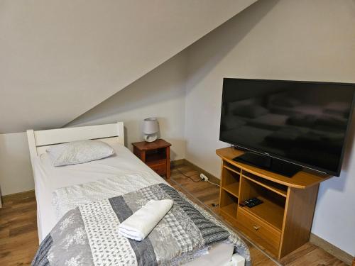 a bedroom with a bed and a flat screen tv at Noclegi Sławomir Zabłocki Bydgoszcz/Nakło nad Notecią i okolice in Strzelewo
