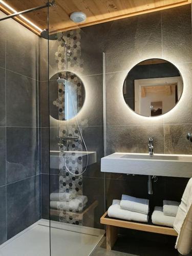 une salle de bain avec une douche, un lavabo et un miroir dans l'établissement Chalet La Ferme d'Aimé, neuf, 15 personnes, à Entremont