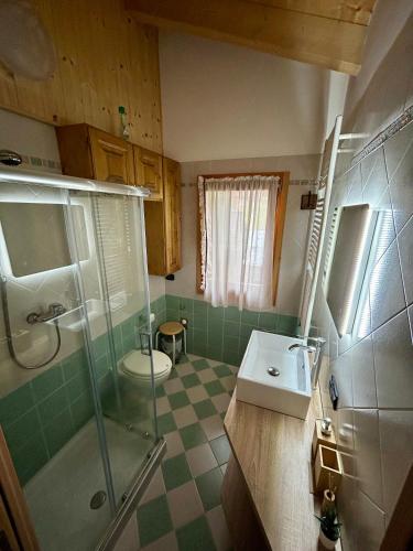 een badkamer met een douche, een wastafel en een toilet bij Auronzo - appartamento centrale vista mozzafiato in Auronzo di Cadore