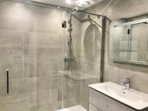 une salle de bain avec douche et lavabo dans l'établissement Appartement les Carolines Calvi, à Calvi