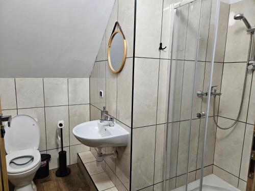 a bathroom with a toilet and a sink and a shower at Noclegi Sławomir Zabłocki Bydgoszcz/Nakło nad Notecią i okolice in Strzelewo