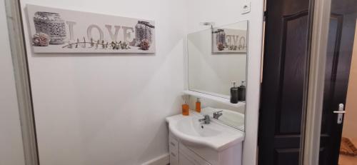 uma casa de banho branca com um lavatório e um espelho em Appartement tendance en plein coeur de Mâcon E em Mâcon