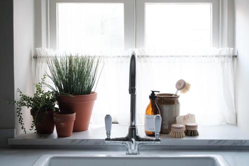 a kitchen sink with potted plants and a window at Luxury family and dog friendly cottage in North Norfolk, Aylsham in Aylsham