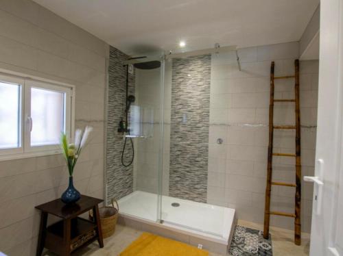 een badkamer met een bad en een glazen douche bij La Villa du Mas des Chênes in Pomport