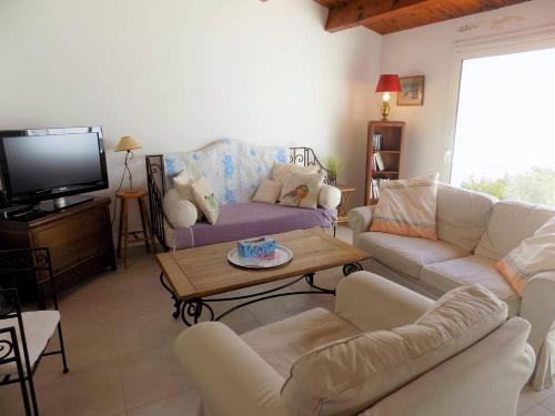 un salon avec deux canapés et une télévision dans l'établissement La Palmyre - TREMIERES - VILLA MITOYENNE - PROXIMITE PLAGE et CENTRE, aux Mathes