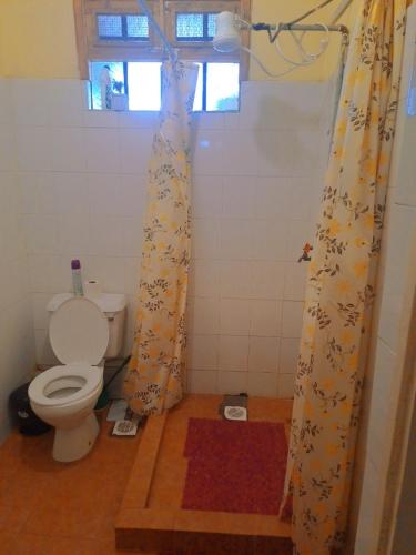 a bathroom with a toilet and a shower curtain at Elite stays kisumu in Kisumu